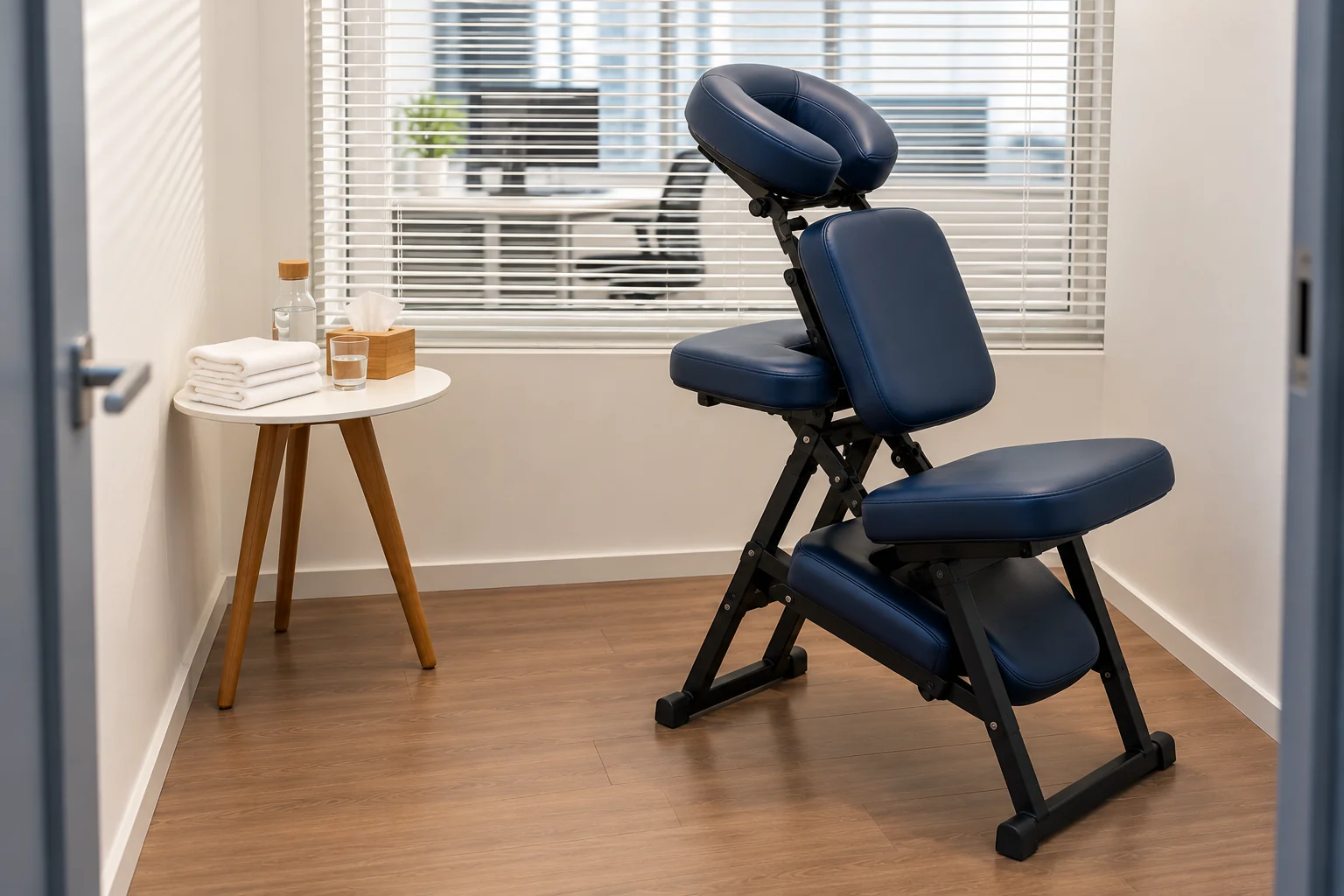 Saleta compacta de atendimento com cadeira ergonômica azul-marinho, mesa de toalhas e persiana para o escritório ao fundo.