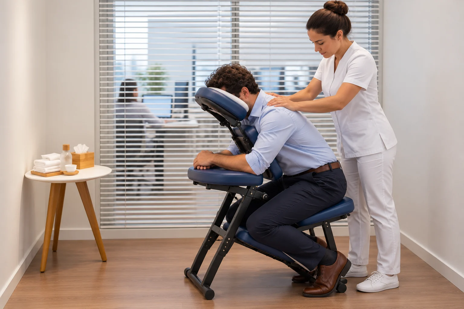 Colaborador recebe quick massage em cadeira azul-marinho numa saleta corporativa, com persiana separando o escritório ao fundo.